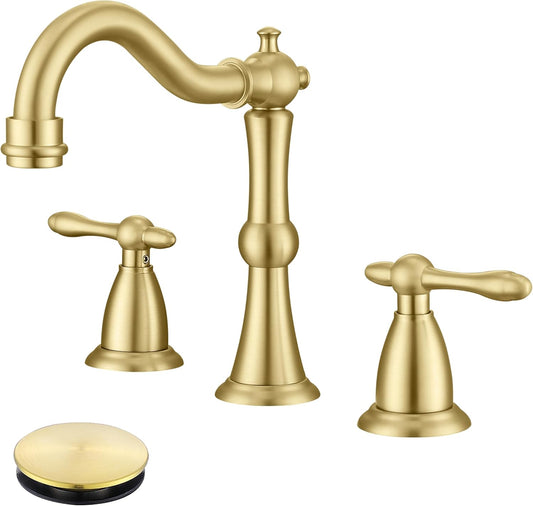 Antique Brushed Gold Bathroom Faucet 3 Hole, Widespread Bathroom Sink Faucet with Pop Up Drain and cUPC Supply Hose, Modern 2 Handle Vanity Faucet Gold JXM3073BG